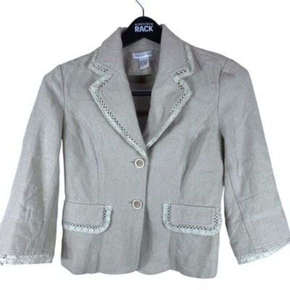 Newport News Women’s Sz 8 Cream Linen Cotton 2 Button Lace Fringe Blazer - Picture 1 of 12